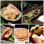 大どころ - ＊平目の肝と真子・・どちらもお酒泥棒な品で、お味が浸みていて美味しい。 ＊焼き空豆（鹿児島）・・塩が合います。 ＊蛸の頭の煮物と菜の花の昆布〆・・蛸の頭は柔らかく、ツマミに最適。 ＊クリームチーズと黒豆入り最中・・最中は出す直前に炙ラれっるので香ばしく食感もいいこと。