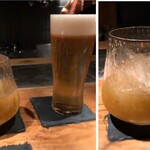 大どころ - ◆ビール(600円）とお勧めいただいた「自家製2年熟成あらごし梅酒（1200円） 梅酒は果肉タップリで味わいも好みですが、1200円はチトお高いかと。(^^;)