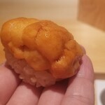 鮨 さかい - (24)蝦夷馬糞雲丹(北海道厚岸産)
      産卵期は夏～秋、旬は初夏～夏。
      雲丹を頂く時はは5秒ホールド。
      ハッキリとした甘みと濃いめの旨みを余さず味わい尽くします。