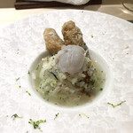 銀座 大石 - フグの白子リゾット。身はフリットと生で。贅沢なフグ雑炊。