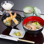 Mangekyou - 【和食ランチ】海老天丼と鶏蕎麦御膳