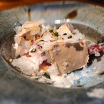 焼き鳥 とりら - 白肝、ズリ、ハツ刺し淡雪塩