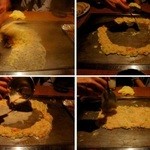 雅頌 - 明太子チーズもんじゃ(1029円)、調理風景