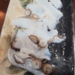 Hakataumakamombinchouya - 「広島地タコ　生刺し　＠８００円」 お皿にタコの吸盤が吸い付いていたほど新鮮でぷりぷりです。