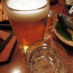 日の出横丁 - 生ビール３杯目と麦焼酎ロック