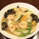 Fried Yakisoba (stir-fried noodles) with shrimp sauce