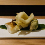 松川 - シラウオの天ぷら、ふきのとうの天ぷら、おもち