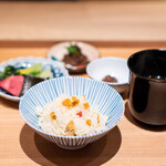 肉屋 田中 - 唐墨ご飯、筍の赤出汁、 時雨煮、 叩き梅、 香の物