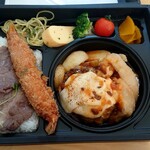 デリシャステイク - 黒毛和牛焼肉、とろけるチーズハンバーグと有頭エビフライ弁当