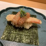 Kappou Ichika - 蟹　甘えびの手巻き寿司 蟹の天ぷらに生の甘えび。贅沢。これも定番の手巻き。