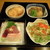 肴 - 料理写真:左上から時計回りに、海老しんじょう筍あんかけ・豚の角煮・サラダ・刺身盛り合わせ