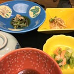 Goshoko Onsen Hana No Yu - エビと青菜の和え物 フキのお浸し 筍煮