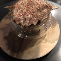 D'ORO HATSUDAI - スペシャルランチコース５０００円。栗ガニのタルタル仕立て。ワクワクする盛り付けです(^｡^)
