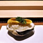 紀茂登 - 蛤出汁の飯蒸し　揚げた生唐墨