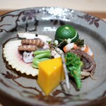 肉屋 田中 - 八寸　うるいのお浸し　飯蛸梅煮　神戸牛八幡巻　車エビの湯霜　空豆　玉子真丈　菜の花