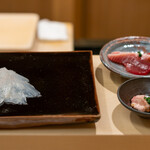 日本橋蛎殻町 すぎた - 2020.2 熊本カワハギ肝醤油、氷見鰹ヅケ