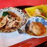 日本料理 錦茶房 - 長崎産ポークのすき焼き風　炒め帆立と蕪の野菜餡かけ　蟹身と芽キャベツの酢味噌