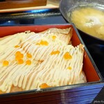 海鮮れすとらん 勘八屋 - 2019年8月　炙りサーモンまよ重【税抜1280円】濃い！醤油で味変がオススメ