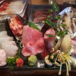 亀喜寿司 - 刺し盛 (鮪中トロ･ホッキ貝ヒモ串焼き･本鮪天身漬け)