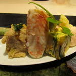 澤いち - 毛ガニと蟹味噌　おから アスパラタラモ　鯛のお頭の出汁巻卵