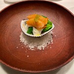 サンタキアラ - 青唐辛子オイルで和えた三河産赤貝～西尾白菜の菜花に白い大根のソース