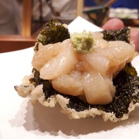 天婦羅 みやしろ - 海苔の天ぷら　帆立貝の漬け