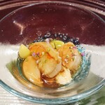 GENSUI - 前菜 天使海老焼霜 焼目帆立 生湯葉 新銀杏 鼈甲餡掛け