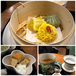 china cafe - ◆点心3種・・緑色の品が好みでした。 ◆白桃烏龍茶・・香りのいいお茶。お湯は2回（と言われたような）継ぎ足せるようです。 ◆シフォンケーキ