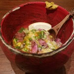 鳥茂 - 箸休め　色んな部位と山芋と大根おろし？卵？何だこれは❗