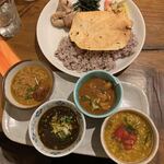 初台スパイス食堂 和魂印才たんどーる - カレー４種盛りのセット（鶏ひき肉とナンコツのキーマカレー　梅干しのせ、鶏肉の梅カレー、カボチャと豆のカレー、小豆と大豆唐と干し椎茸の黒ゴマカレー）