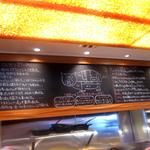 とんかつ マンジェ - 黒板にとんかつの歴史と店のこだわりが書いてある