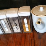 牛かつ 宮下 - 牛カツ来る前に撮った卓上調味料…
※あとから気付いたけど『花藻塩』が2個もある…