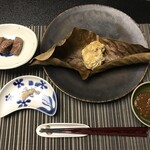 九兵衛旅館 - 鱈白子と山形牛の朴葉焼き