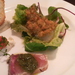 前菜　鰤のたたきパセリソース、ヒラメのカルパッチョ、、甘くないパンナコッタトマトジャム添え等