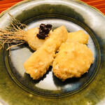 木山 - 天麩羅　虎河豚と煮詰めた酢　雪中筍と塩　オニオンヌーボーと味噌