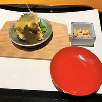日本料理 幸庵 - 鮑と菜の花、節分の豆、秋田の日本酒