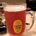 串と煮込みの元祖居酒屋 個室 門限やぶり - 早めのラストオーダーだからと、多めに持ってきていただいたカシスビア。通常の３倍分位あるのでは。ｗ