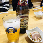川栄 - ビールとお通しの合鴨の燻製