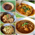 スプーンソング - 【1月21日(火)/特別営業/友人とシェア】<カレー>真鯛マラバールの辛口(右上)、チキンコランブ (右下)<ライス>チキンビリヤニ(左中)、ベジナッツきのこ(舞茸)プラオ(左下) <スープ>温ラッサム(左上)