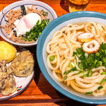 讃岐うどん 野らぼー - "選べるうどん 本日の定食"(この日は しらす温玉丼･天ぷら付; うどんは かけ を選択) 890円＋うどん大盛 150円増＋煮干し天 170円＋玉子天 110円＝1,320円