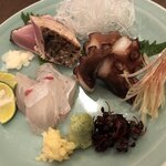 竹うち - お造り3種盛り合わせ 戻り鰹,天然真鯛,蛸
