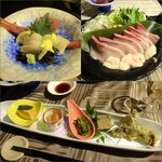 四季彩の宿 ふる里 - 前菜5点盛りとお刺身、寒鰤のしゃぶしゃぶ♪