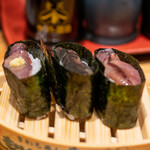 Morimori Sushi - ほたるいか三点盛（380円）生ほたるいか、沖漬け、黒造り