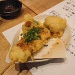 天ぷら酒場 KITSUNE - トリュフ半熟玉子(180円)豚ねぎま串(280円)うにサンド(280円)