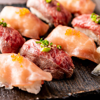 当店名物 肉寿司2種の食べ比べやチキン南蛮 牛ステーキなど全8品 3h飲み放題付き3500円コース 吟八 新橋本店 ぎんぱち 旧店名 旬八景 新橋 居酒屋 食べログ