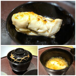 馳走 啐啄一十  - ◆炭火焼き牡蠣(広島県大野産)、鰹節、昆布出汁3種(羅臼昆布出汁4、:利尻昆布出汁:3、真昆布出汁:3)ブレンド、胡麻油を垂らしたお椀 牡蠣は大粒ですのでプリプリ感が残り、焼くことで香ばしさも加わります。 お出しやお味噌の美味しさは勿論、ごま油を垂らしてあるのでより美味しく感じました。