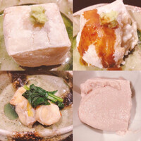 銀座うち山 - 左下が日替わりの小鉢。この日は鯛の南蛮漬け。上段が胡麻豆腐。右下がデザート。苺アイス