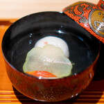 Takezaki - Crab Shinjo with Early Cucumber, Kintoki Carrot, Turnip, Mizuna, Pleurotus Eryngii, and Yuzu