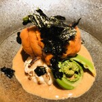 御料理 無窮 - 北海道函館の赤ウニ　春の山菜3種　ウルイ　タラの芽　コゴミゼンマイ　焼き白子　三重県鳥羽の新海苔　胡麻ダレ