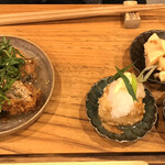 お米とお茶の専門店 MOCHA - 梅と大葉のミルフィーユカツ(メイン)揚げ出汁豆腐、たけのこの煮物(副菜2種)お茶漬けのお供、梅干し